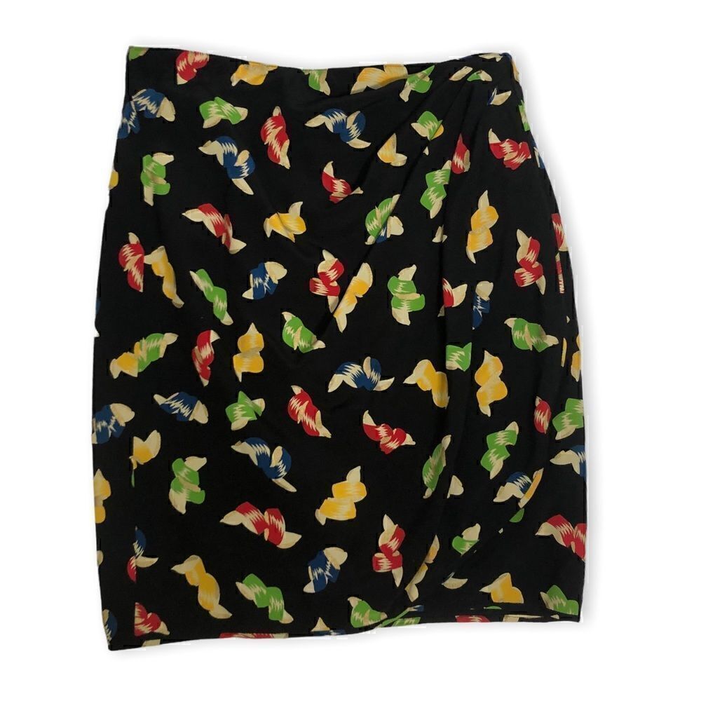 Vintage Ungaro Black Ribbon Print Skirt Faux Wrap Gold Accents - Picture 6 of 9